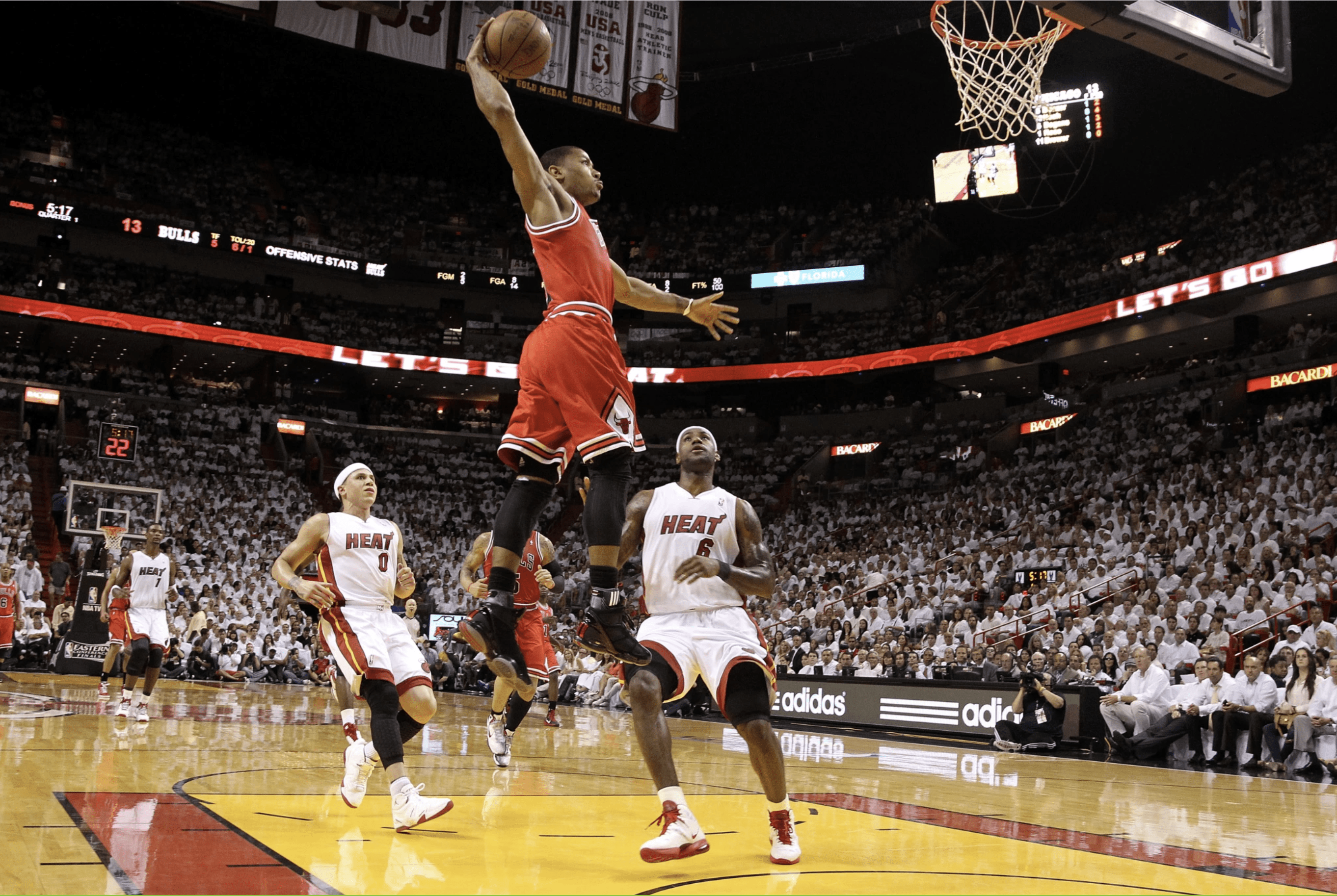 Derrick Rose elevating during his peak years for the Chicago Bulls. Photo by Mike Ehrmann/Getty Images