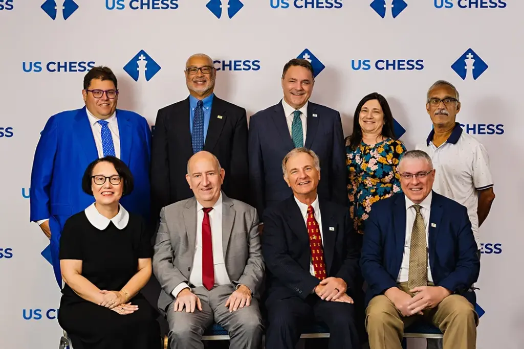 U.S. Chess Executive Board 2024-2025 -- Seated: Ranae Bartlett, David Hater, Chuck Unruh, Mike Hoffpauir
Standing L-R: John Fernandez, Kevin Pryor, Randy Bauer, Leila D'Aquin, Lakshmana Viswanath